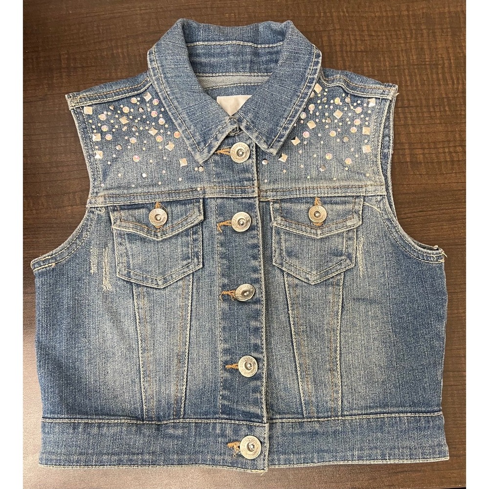 Justice Girls Denim Vest Blue Rhinestone Studded Sleeveless Jean Jacket Size 10